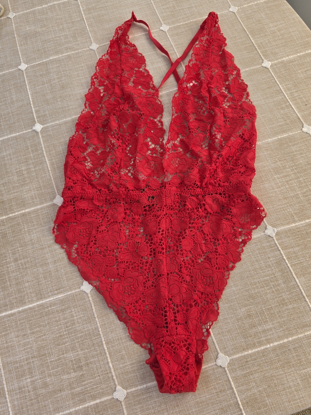 Victoria's Secret Red Floral Lace Plunge Bodysuit